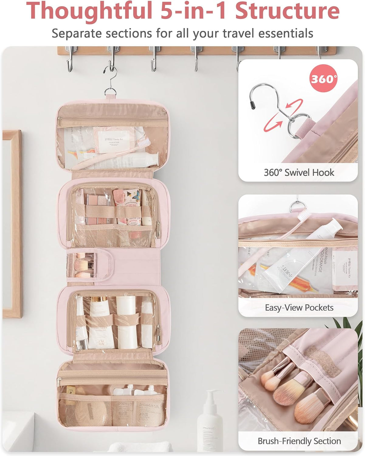 Travel Hanging Toiletry Bag for Women, Makeup Organizer with Hook | 360° swivel hook for easy access, 5-section organizer, brush slots & lightweight comfort