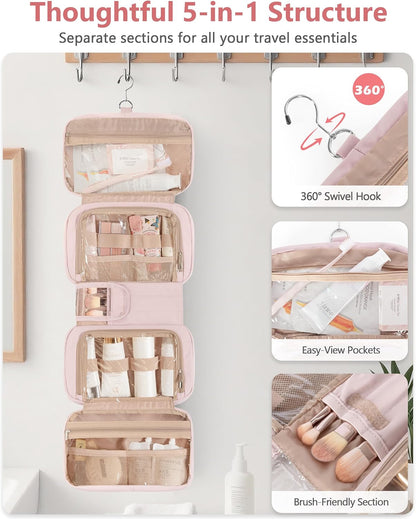 Travel Hanging Toiletry Bag for Women, Makeup Organizer with Hook | 360° swivel hook for easy access, 5-section organizer, brush slots & lightweight comfort