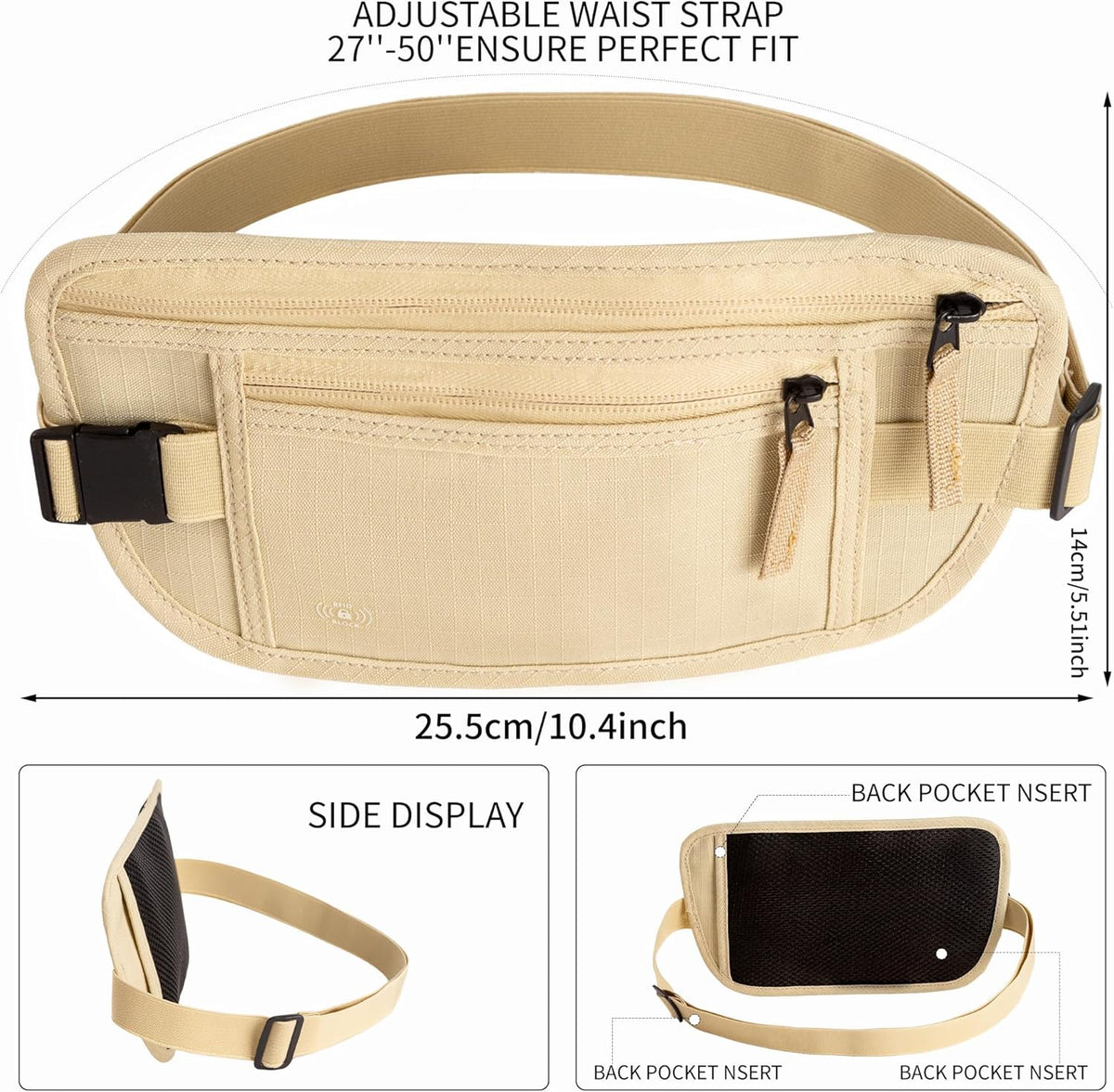 Money Belt for Travel, RFID Blocking, Hidden Money Belt, Passport Holder for Travel (Black)