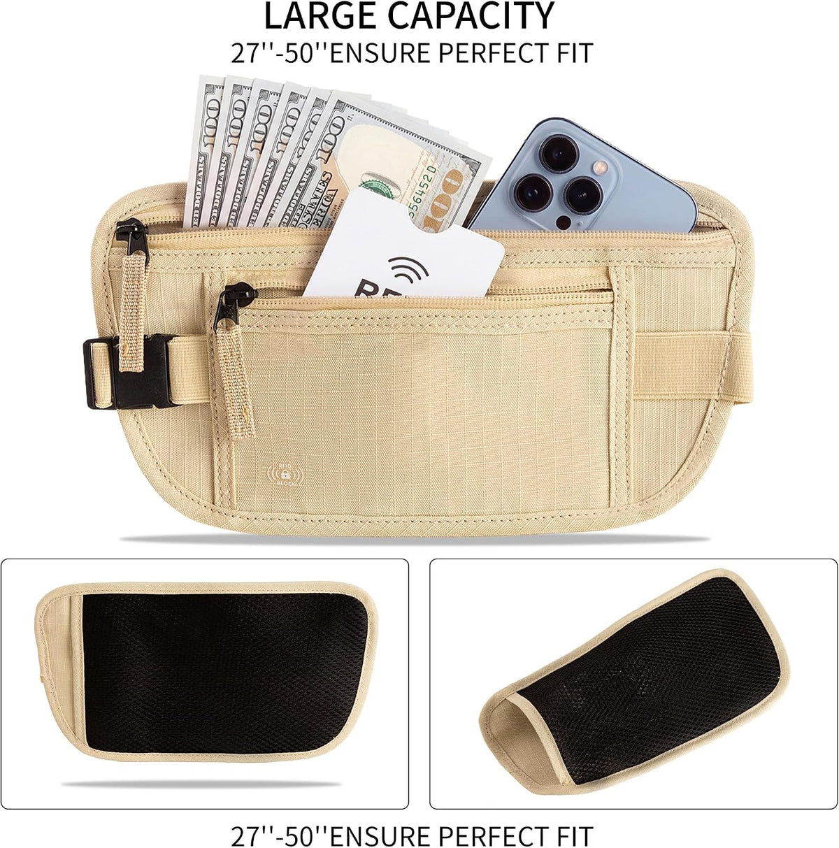 Money Belt for Travel, RFID Blocking, Hidden Money Belt, Passport Holder for Travel (Black)
