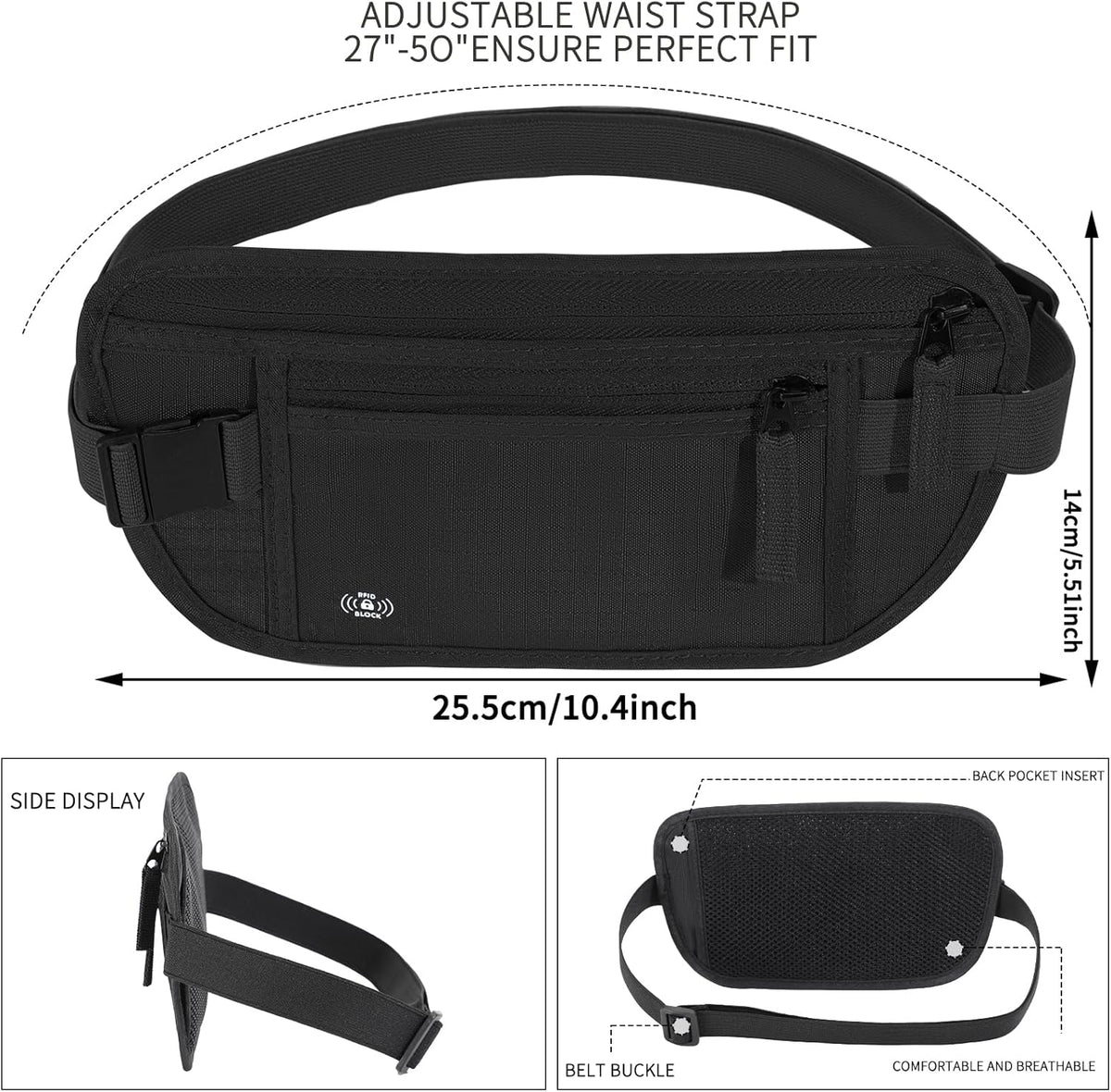 Money Belt for Travel, RFID Blocking, Hidden Money Belt, Passport Holder for Travel (Black)