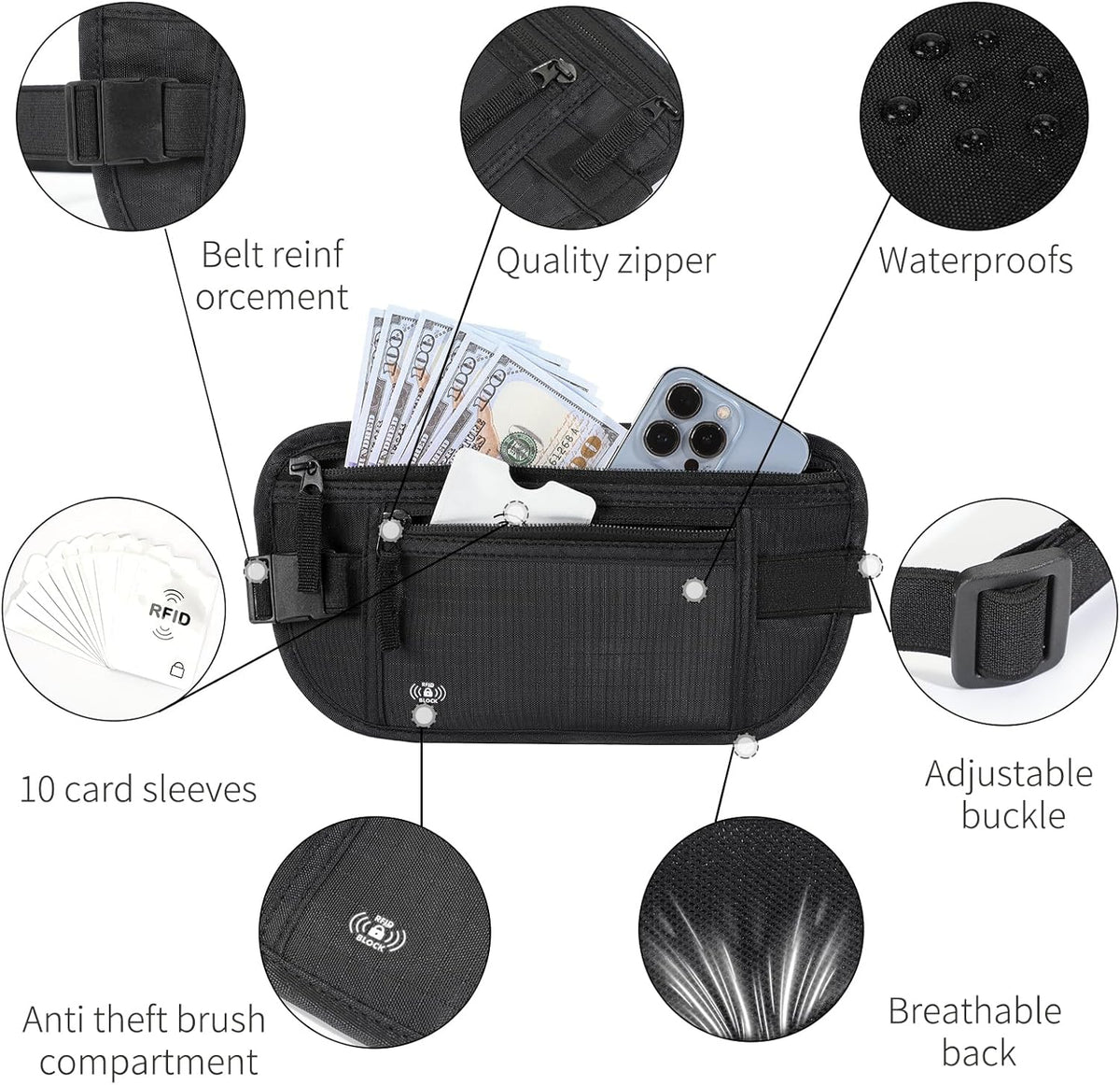 Money Belt for Travel, RFID Blocking, Hidden Money Belt, Passport Holder for Travel (Black)