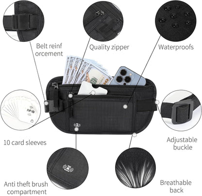 Money Belt for Travel, RFID Blocking, Hidden Money Belt, Passport Holder for Travel (Black)