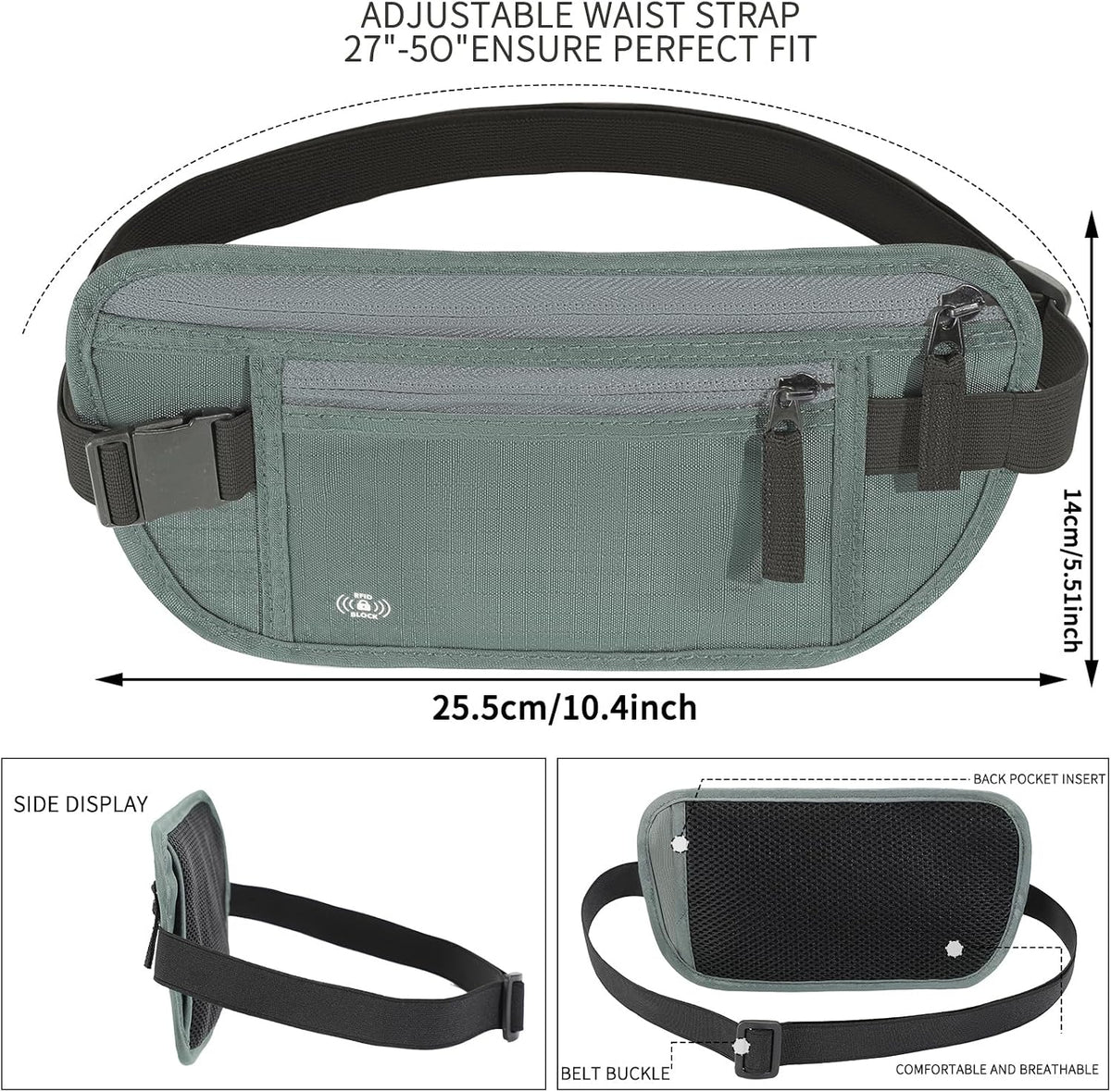 Money Belt for Travel, RFID Blocking, Hidden Money Belt, Passport Holder for Travel (Black)