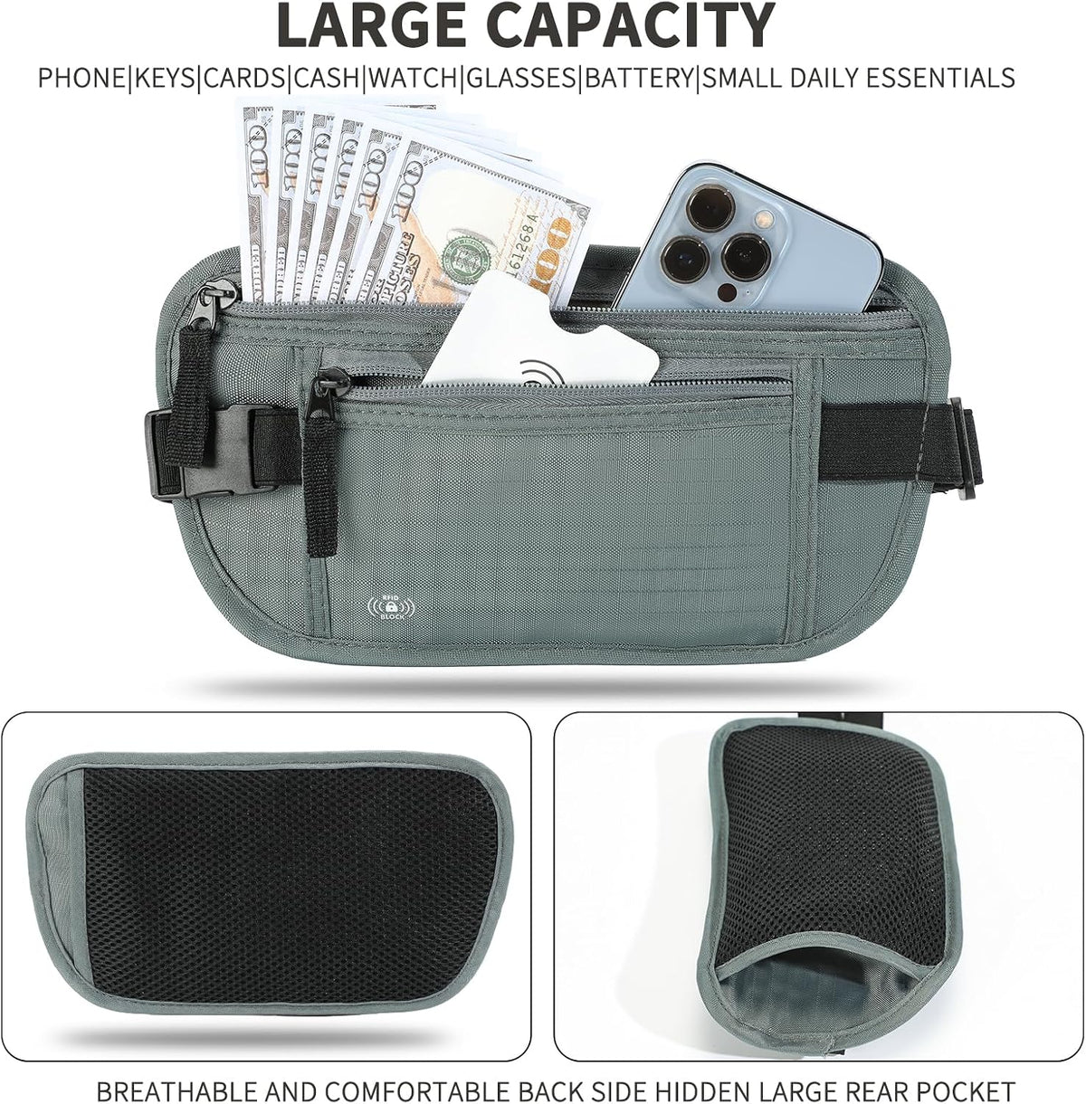 Money Belt for Travel, RFID Blocking, Hidden Money Belt, Passport Holder for Travel (Black)