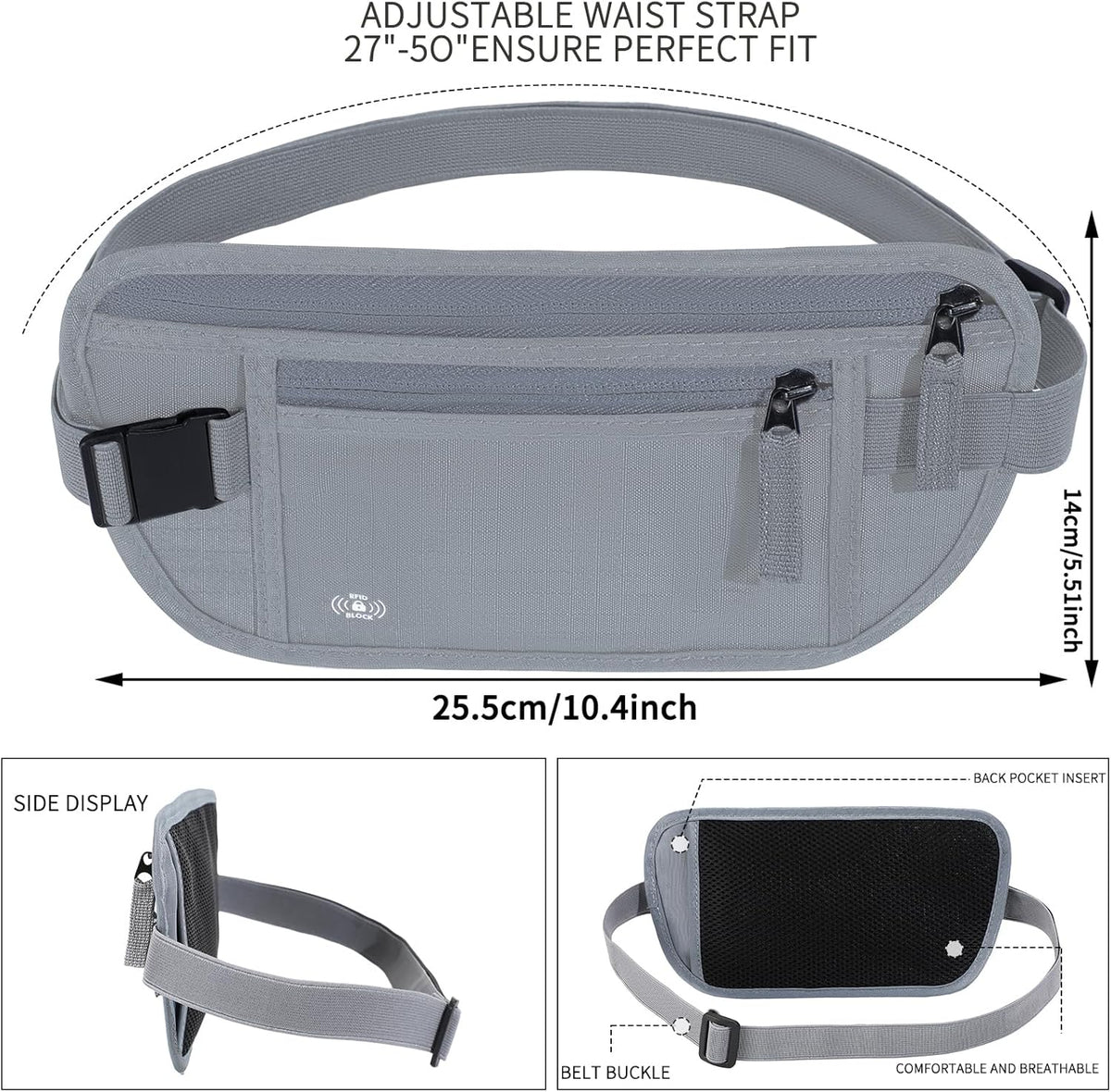 Money Belt for Travel, RFID Blocking, Hidden Money Belt, Passport Holder for Travel (Black)