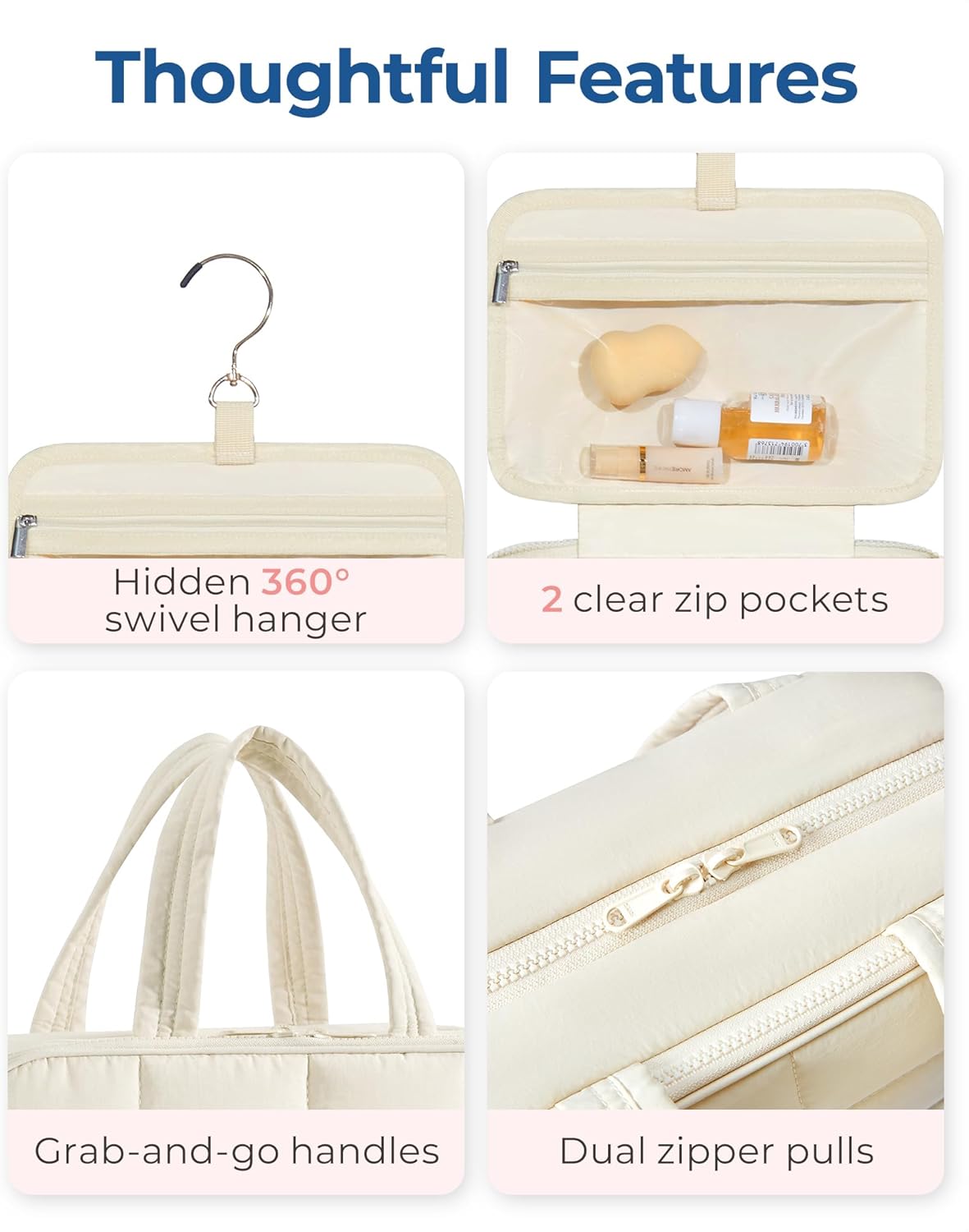 Travel Toiletry Bag for Womne, Hanging Travel Bag for Toiletries, Puffy Makeup Cosmetic Bag Organizer, Carry-on Travel Accessories Essentials, Camel