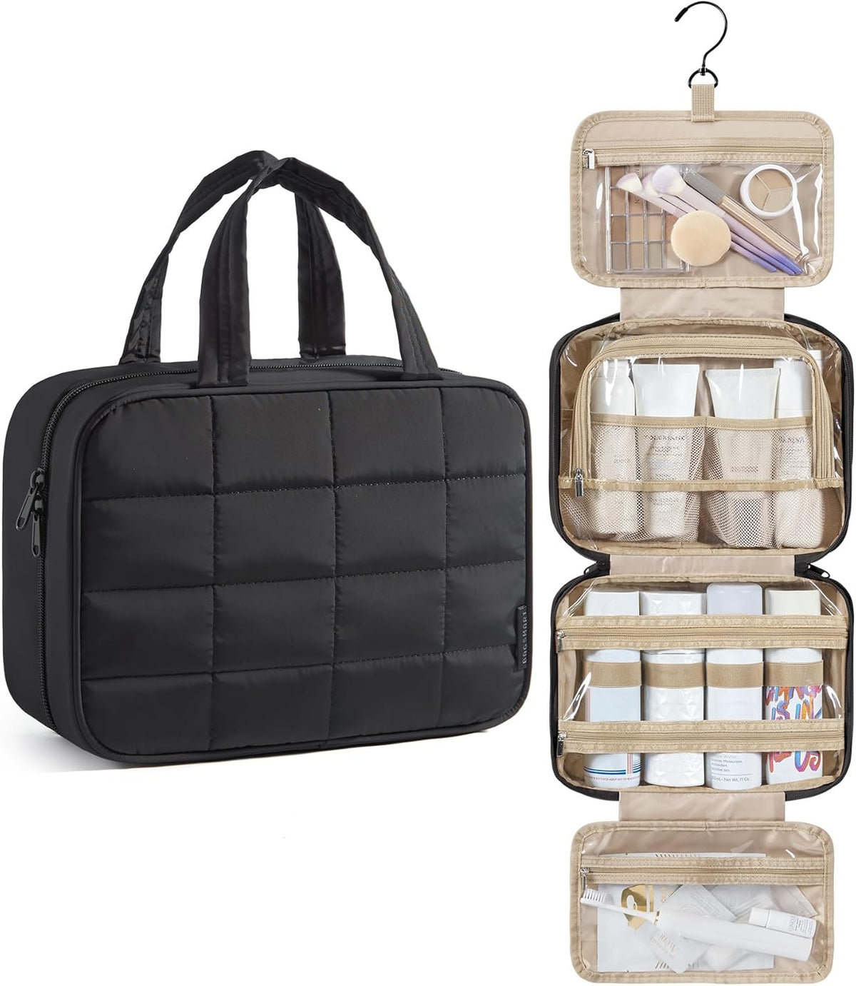 Travel Toiletry Bag for Womne, Hanging Travel Bag for Toiletries, Puffy Makeup Cosmetic Bag Organizer, Carry-on Travel Accessories Essentials, Camel