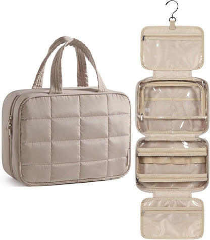 Travel Toiletry Bag for Womne, Hanging Travel Bag for Toiletries, Puffy Makeup Cosmetic Bag Organizer, Carry-on Travel Accessories Essentials, Camel