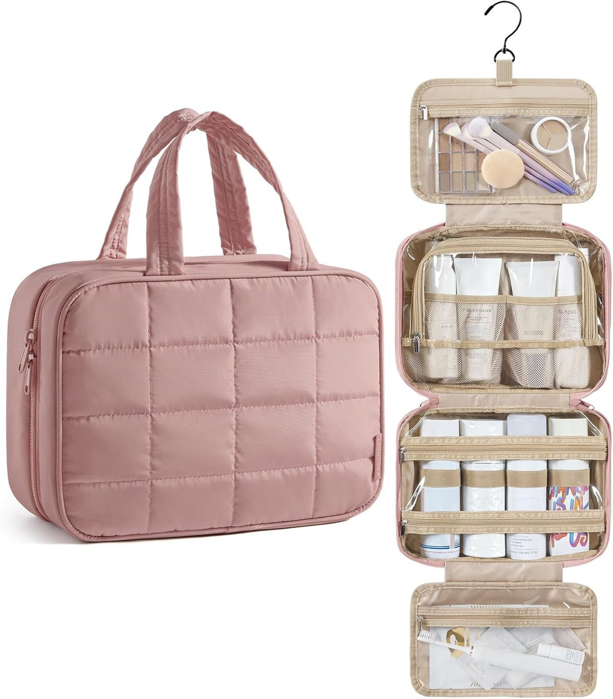 Travel Toiletry Bag for Womne, Hanging Travel Bag for Toiletries, Puffy Makeup Cosmetic Bag Organizer, Carry-on Travel Accessories Essentials, Camel