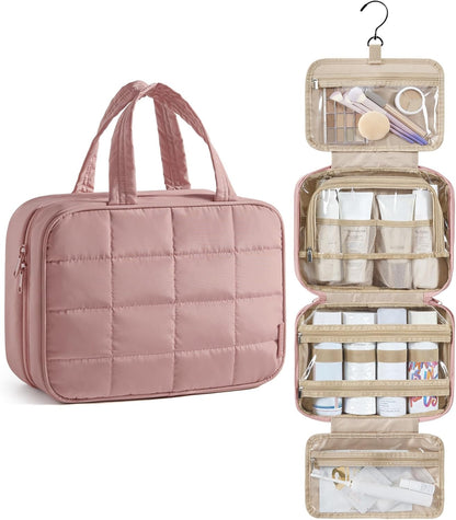 Travel Toiletry Bag for Womne, Hanging Travel Bag for Toiletries, Puffy Makeup Cosmetic Bag Organizer, Carry-on Travel Accessories Essentials, Camel