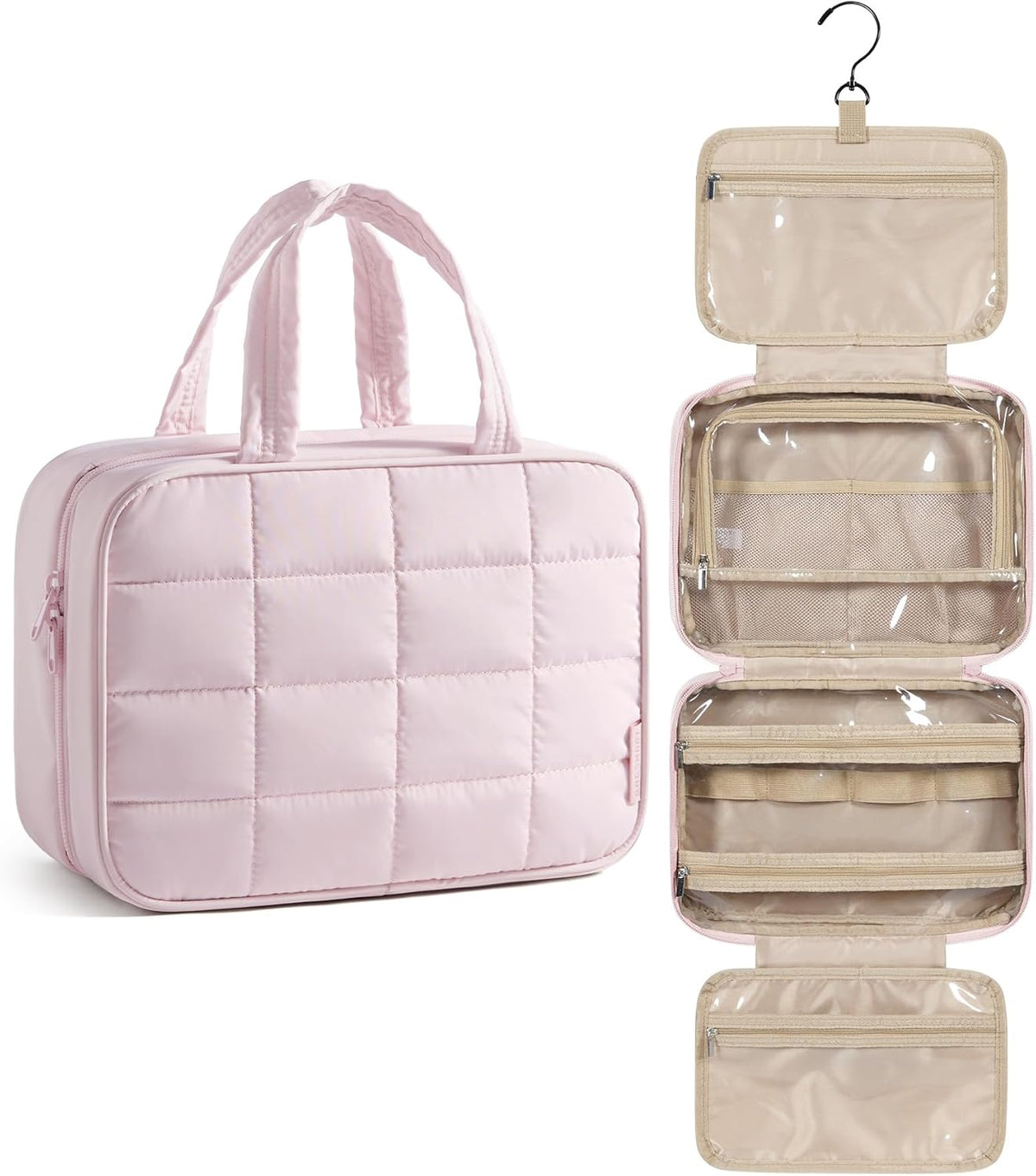 Travel Toiletry Bag for Womne, Hanging Travel Bag for Toiletries, Puffy Makeup Cosmetic Bag Organizer, Carry-on Travel Accessories Essentials, Camel