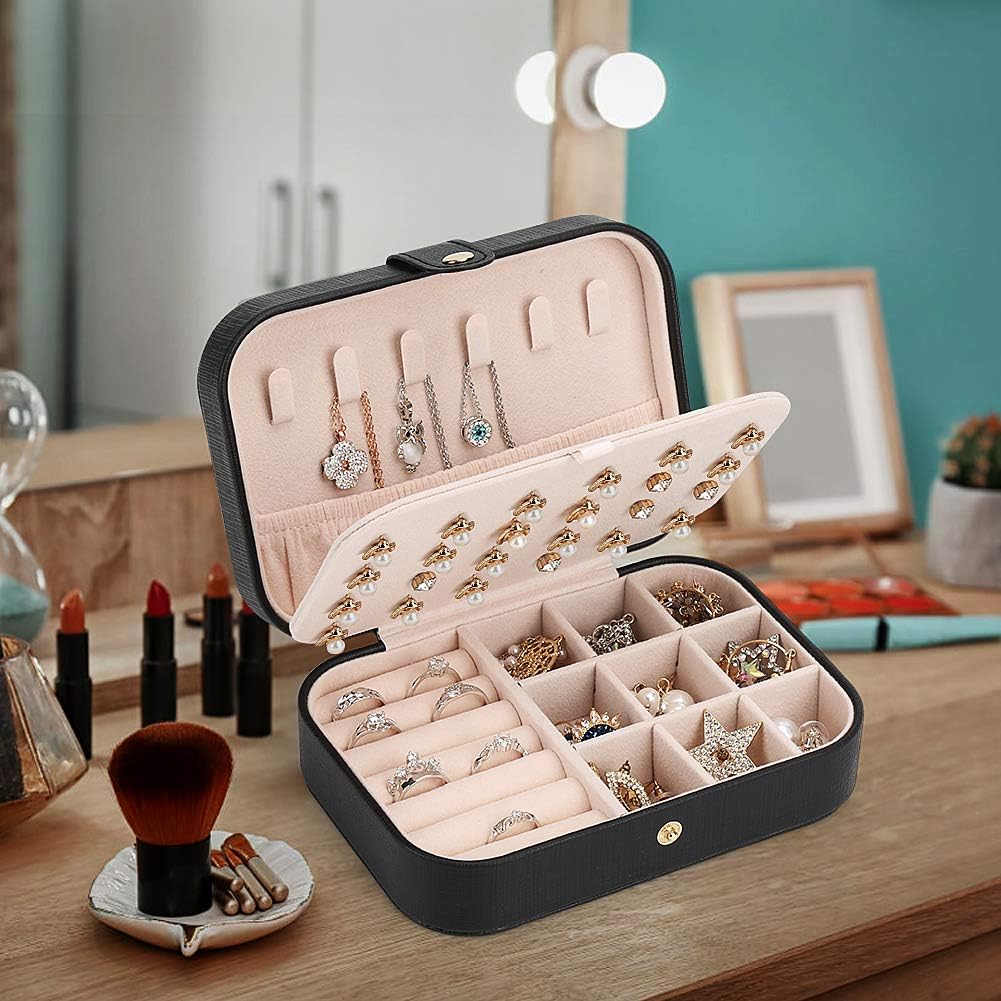 Small Jewelry Box Storage Organizer Jewelry case Travel Jewelry Organizer | Jewelry Box Necklace Ring Storage Organizer Mini Jewelry case Double Layer Travel Jewelry Organizer for Women Girls Gift