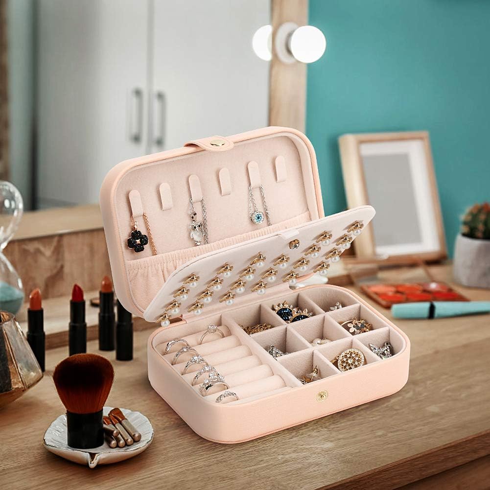 Small Jewelry Box Storage Organizer Jewelry case Travel Jewelry Organizer | Jewelry Box Necklace Ring Storage Organizer Mini Jewelry case Double Layer Travel Jewelry Organizer for Women Girls Gift