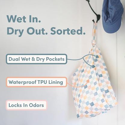 Wet Dry Bag for Diapers, Swimsuits & Daycare - Dual Compartment, Waterproof, Machine Washable Travel Pouch for Pool, Beach & On-the-Go - French Breakfast