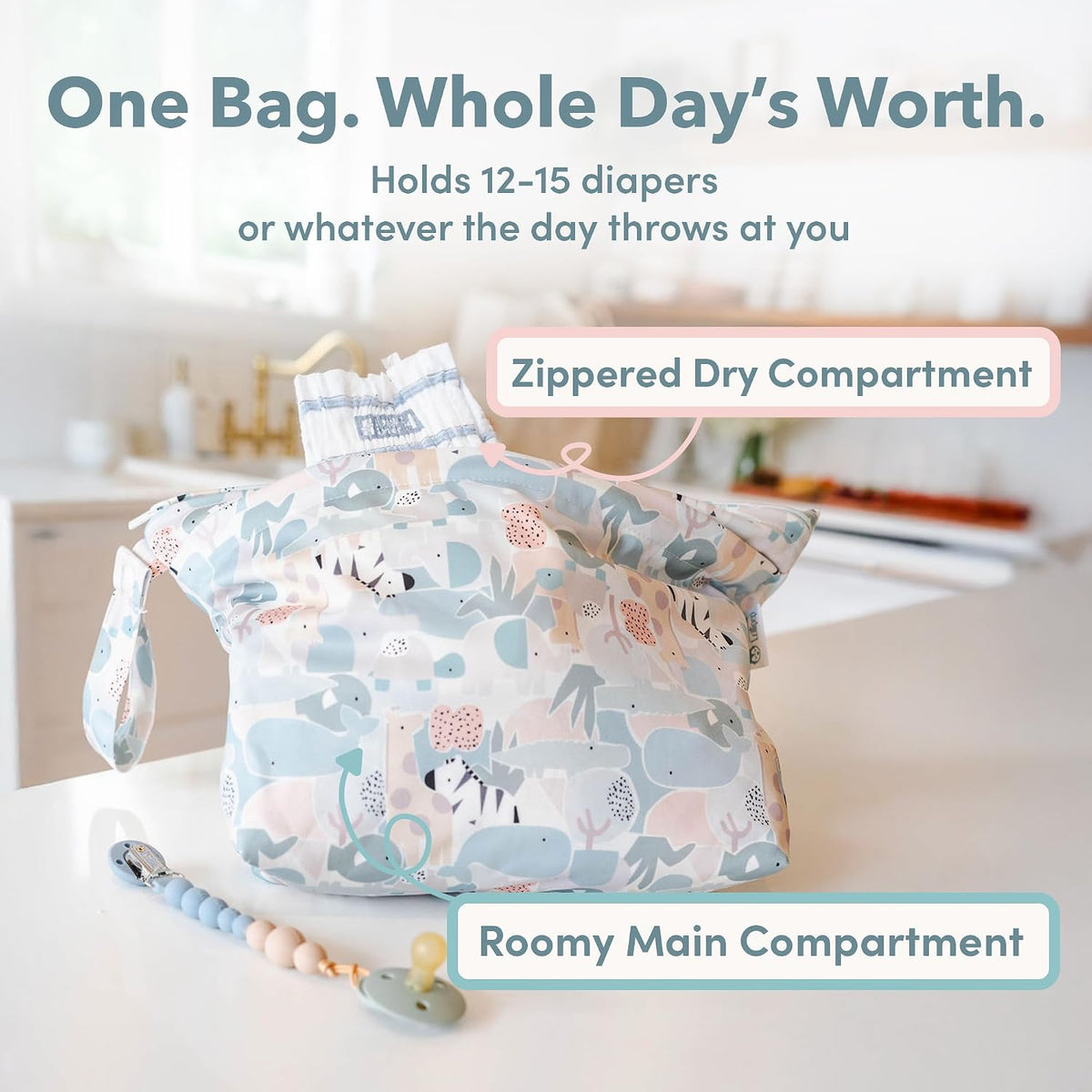 Wet Dry Bag for Diapers, Swimsuits & Daycare - Dual Compartment, Waterproof, Machine Washable Travel Pouch for Pool, Beach & On-the-Go - French Breakfast