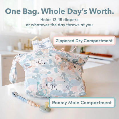 Wet Dry Bag for Diapers, Swimsuits & Daycare - Dual Compartment, Waterproof, Machine Washable Travel Pouch for Pool, Beach & On-the-Go - French Breakfast