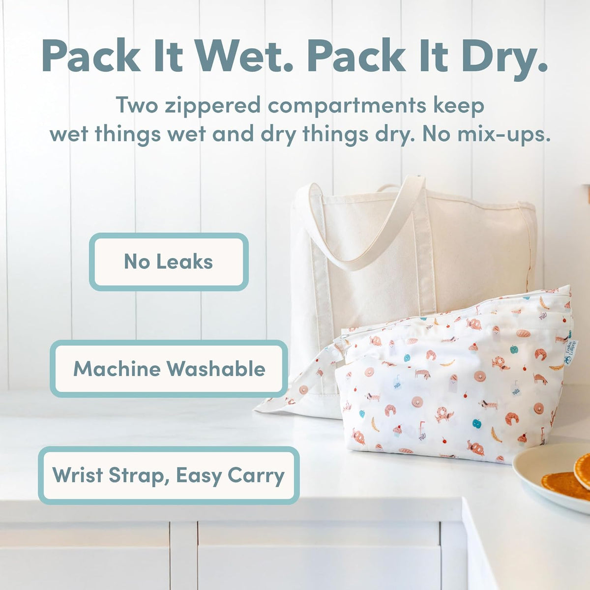 Wet Dry Bag for Diapers, Swimsuits & Daycare - Dual Compartment, Waterproof, Machine Washable Travel Pouch for Pool, Beach & On-the-Go - French Breakfast