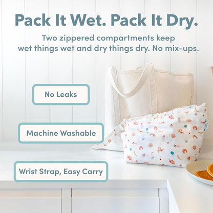 Wet Dry Bag for Diapers, Swimsuits & Daycare - Dual Compartment, Waterproof, Machine Washable Travel Pouch for Pool, Beach & On-the-Go - French Breakfast