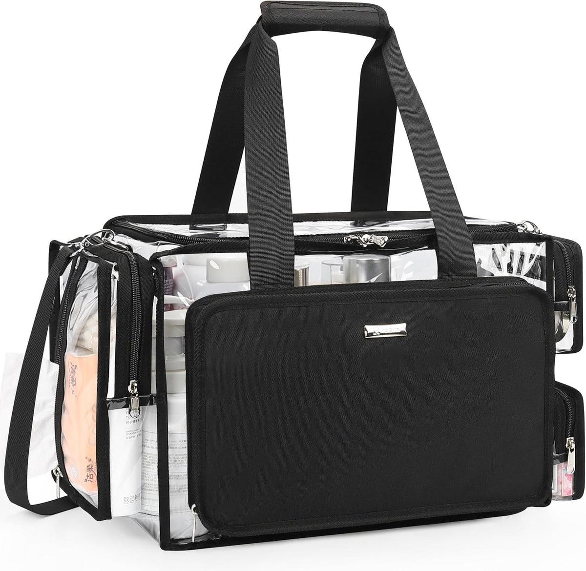 Large Clear Makeup Bags, Professional Makeup Artist Kit Set Bag with Removable Dividers, Travel Cosmetic Organizer Hairstylist Traveling Bag Transparent PVC Work Tote Bag Duffle Bag for Women