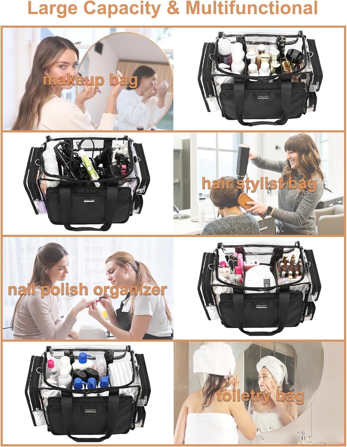 Large Clear Makeup Bags, Professional Makeup Artist Kit Set Bag with Removable Dividers, Travel Cosmetic Organizer Hairstylist Traveling Bag Transparent PVC Work Tote Bag Duffle Bag for Women