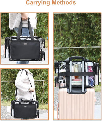 Large Clear Makeup Bags, Professional Makeup Artist Kit Set Bag with Removable Dividers, Travel Cosmetic Organizer Hairstylist Traveling Bag Transparent PVC Work Tote Bag Duffle Bag for Women