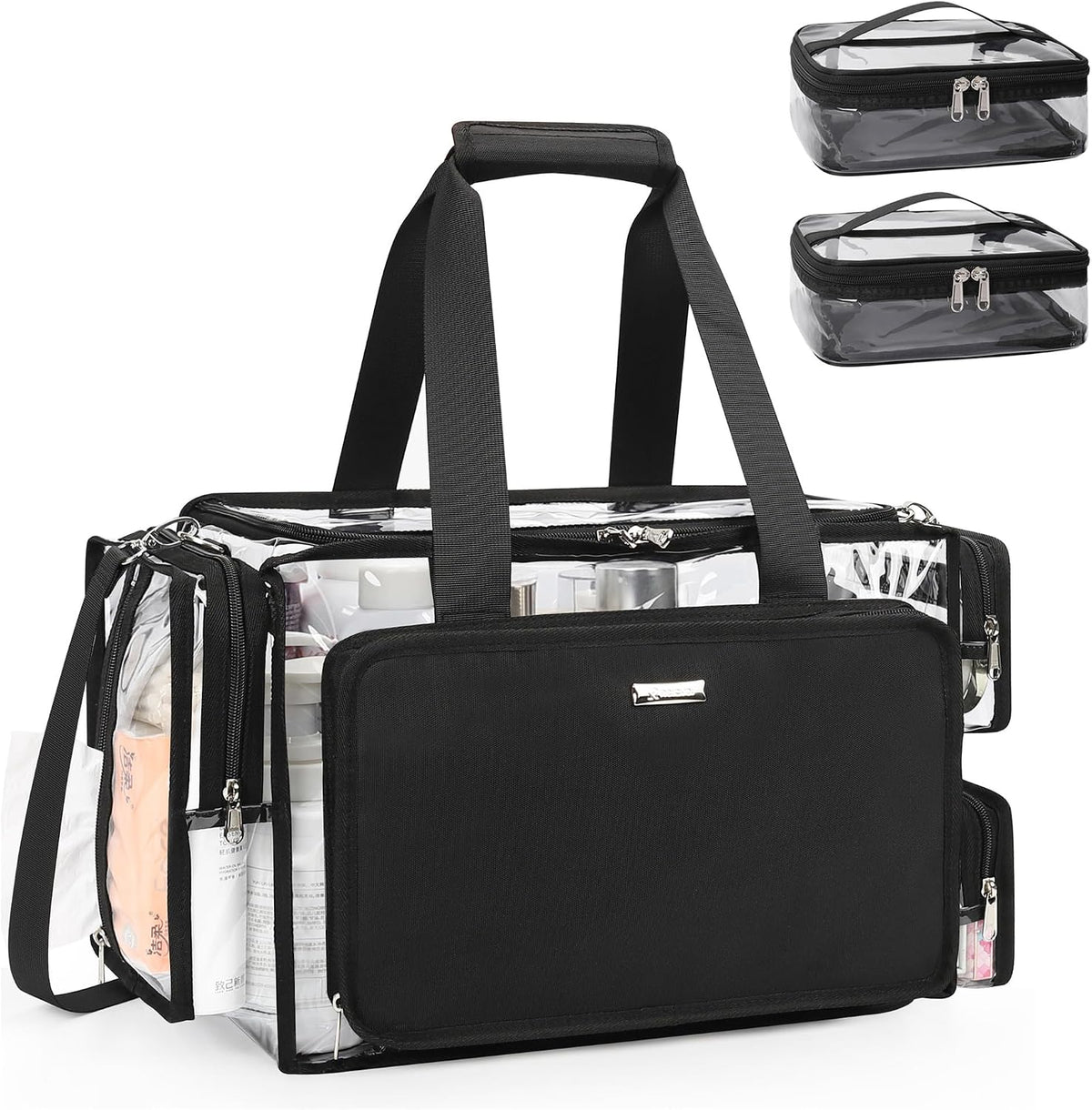 Large Clear Makeup Bags, Professional Makeup Artist Kit Set Bag with Removable Dividers, Travel Cosmetic Organizer Hairstylist Traveling Bag Transparent PVC Work Tote Bag Duffle Bag for Women