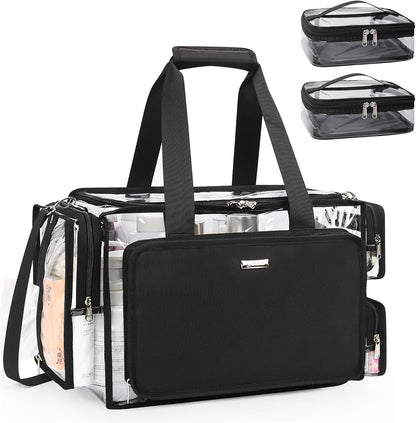 Large Clear Makeup Bags, Professional Makeup Artist Kit Set Bag with Removable Dividers, Travel Cosmetic Organizer Hairstylist Traveling Bag Transparent PVC Work Tote Bag Duffle Bag for Women