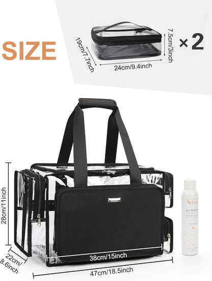 Large Clear Makeup Bags, Professional Makeup Artist Kit Set Bag with Removable Dividers, Travel Cosmetic Organizer Hairstylist Traveling Bag Transparent PVC Work Tote Bag Duffle Bag for Women