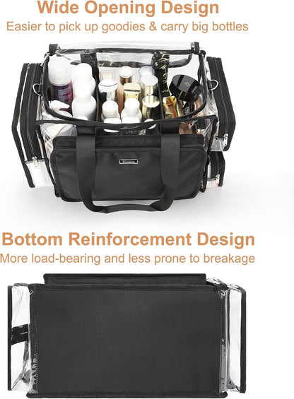 Large Clear Makeup Bags, Professional Makeup Artist Kit Set Bag with Removable Dividers, Travel Cosmetic Organizer Hairstylist Traveling Bag Transparent PVC Work Tote Bag Duffle Bag for Women