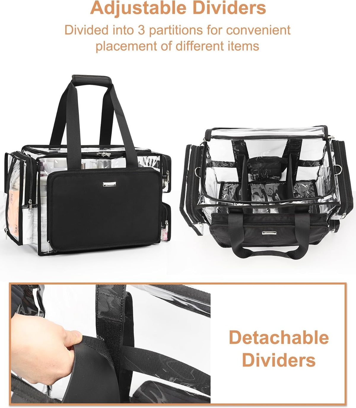 Large Clear Makeup Bags, Professional Makeup Artist Kit Set Bag with Removable Dividers, Travel Cosmetic Organizer Hairstylist Traveling Bag Transparent PVC Work Tote Bag Duffle Bag for Women