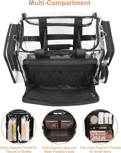 Large Clear Makeup Bags, Professional Makeup Artist Kit Set Bag with Removable Dividers, Travel Cosmetic Organizer Hairstylist Traveling Bag Transparent PVC Work Tote Bag Duffle Bag for Women