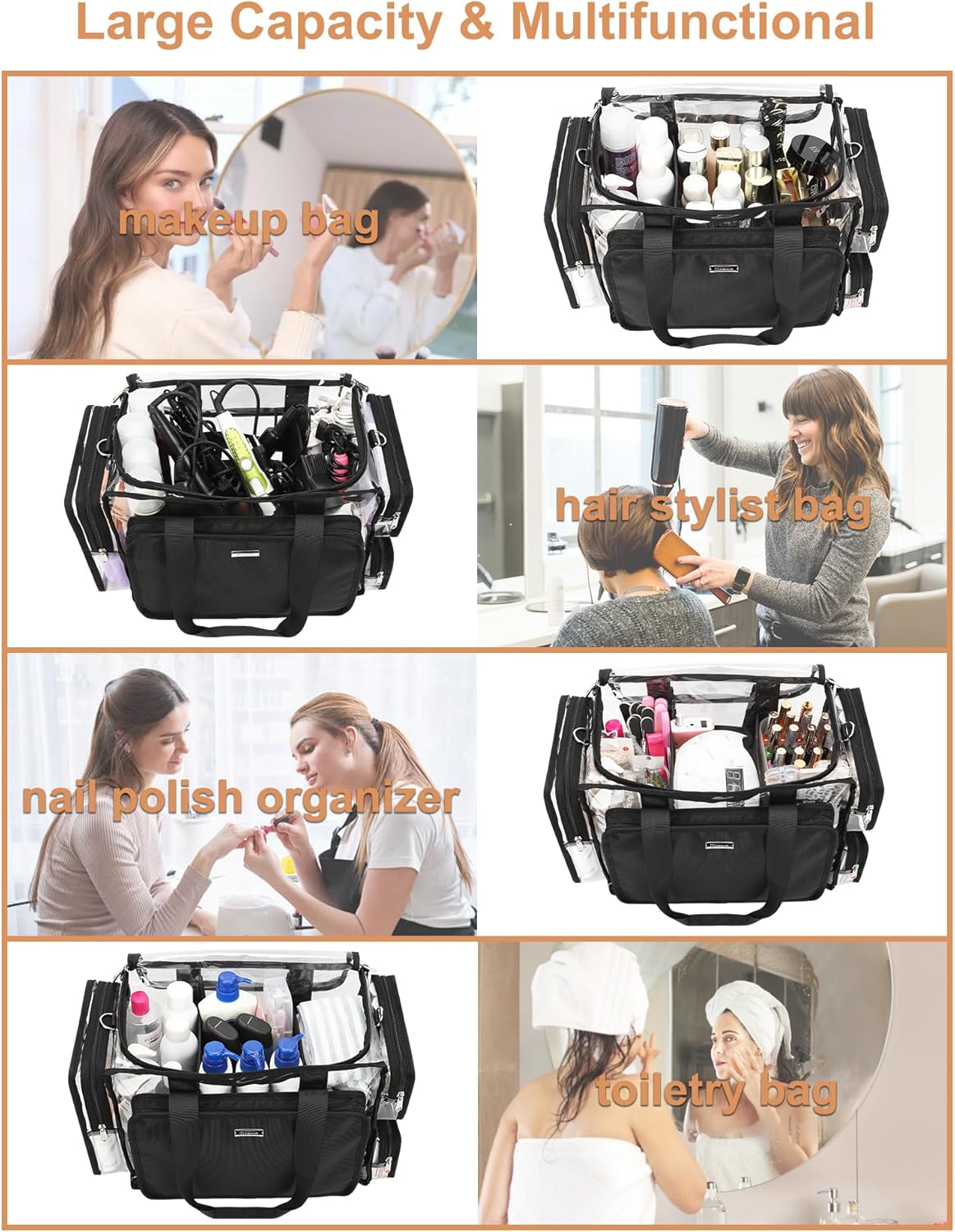 Large Clear Makeup Bags, Professional Makeup Artist Kit Set Bag with Removable Dividers, Travel Cosmetic Organizer Hairstylist Traveling Bag Transparent PVC Work Tote Bag Duffle Bag for Women