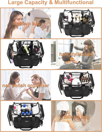 Large Clear Makeup Bags, Professional Makeup Artist Kit Set Bag with Removable Dividers, Travel Cosmetic Organizer Hairstylist Traveling Bag Transparent PVC Work Tote Bag Duffle Bag for Women