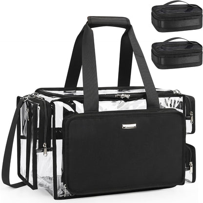 Large Clear Makeup Bags, Professional Makeup Artist Kit Set Bag with Removable Dividers, Travel Cosmetic Organizer Hairstylist Traveling Bag Transparent PVC Work Tote Bag Duffle Bag for Women