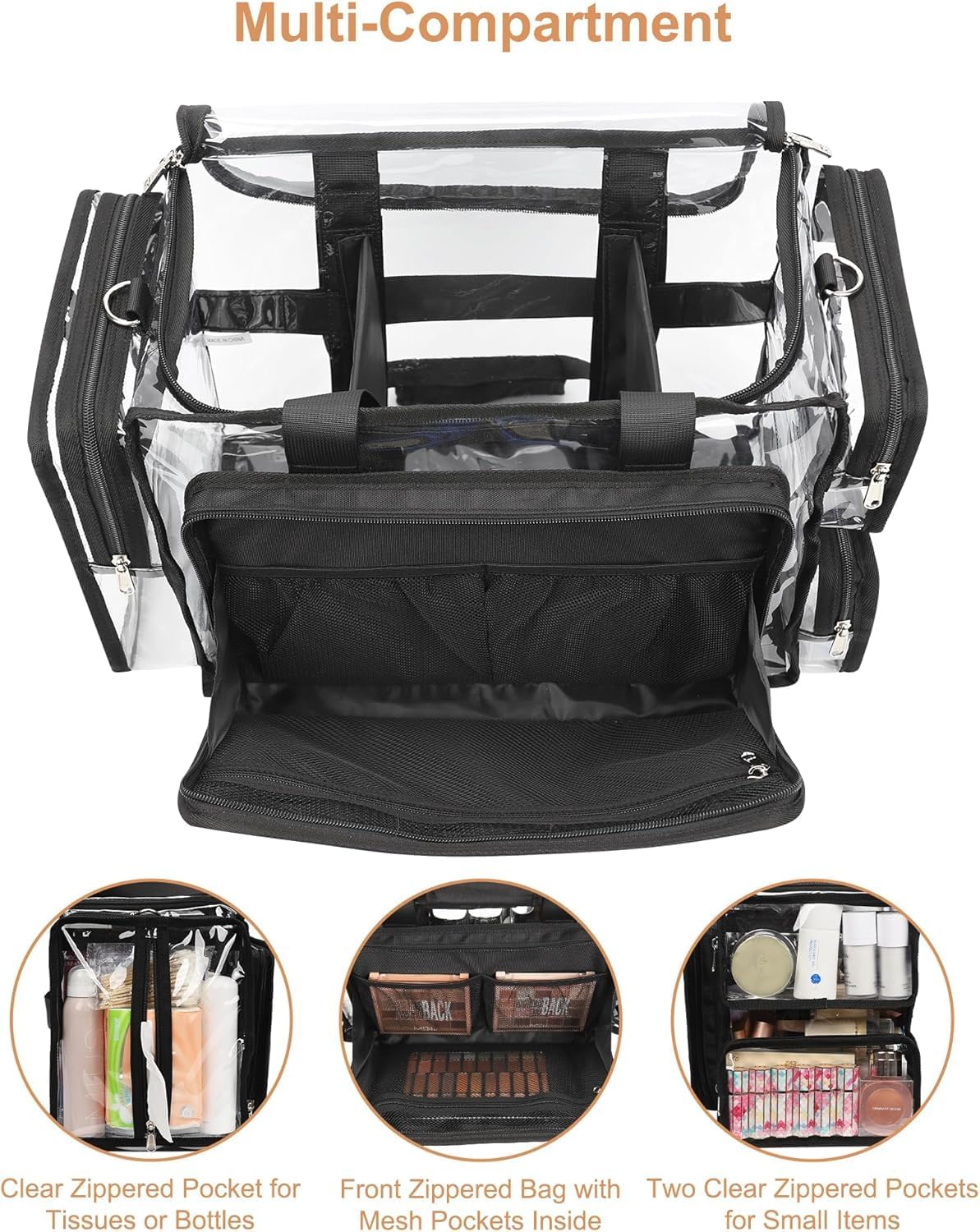Large Clear Makeup Bags, Professional Makeup Artist Kit Set Bag with Removable Dividers, Travel Cosmetic Organizer Hairstylist Traveling Bag Transparent PVC Work Tote Bag Duffle Bag for Women