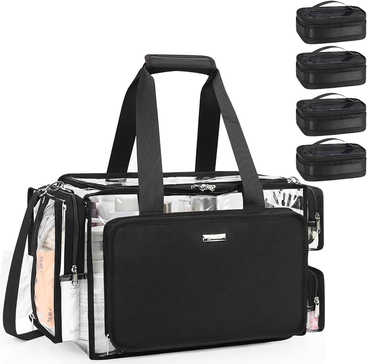 Large Clear Makeup Bags, Professional Makeup Artist Kit Set Bag with Removable Dividers, Travel Cosmetic Organizer Hairstylist Traveling Bag Transparent PVC Work Tote Bag Duffle Bag for Women