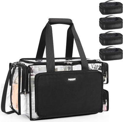Large Clear Makeup Bags, Professional Makeup Artist Kit Set Bag with Removable Dividers, Travel Cosmetic Organizer Hairstylist Traveling Bag Transparent PVC Work Tote Bag Duffle Bag for Women