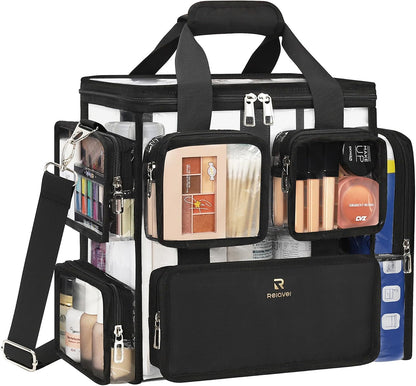Large Clear Makeup Bags, Professional Makeup Artist Kit Set Bag with Removable Dividers, Travel Cosmetic Organizer Hairstylist Traveling Bag Transparent PVC Work Tote Bag Duffle Bag for Women