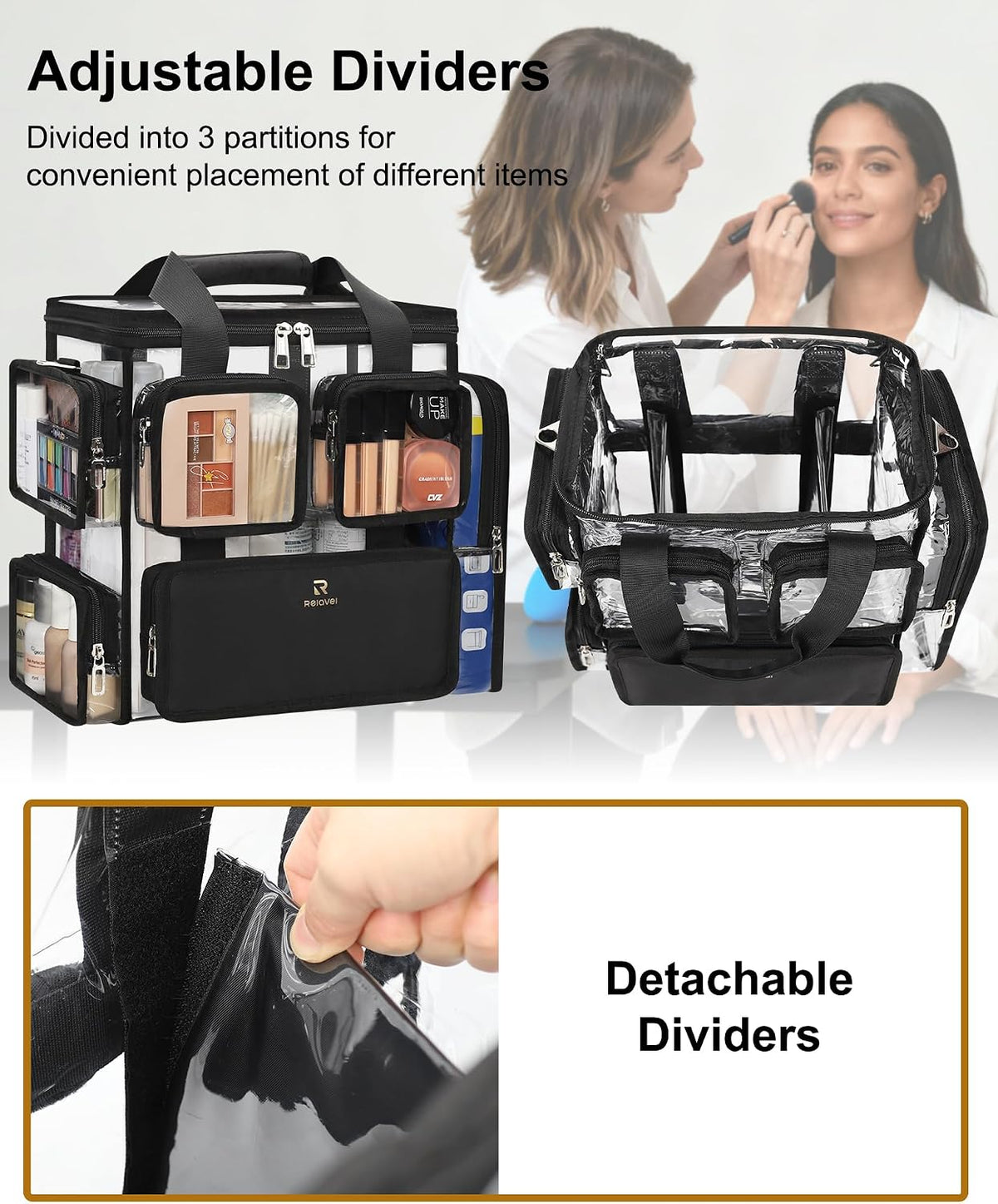 Large Clear Makeup Bags, Professional Makeup Artist Kit Set Bag with Removable Dividers, Travel Cosmetic Organizer Hairstylist Traveling Bag Transparent PVC Work Tote Bag Duffle Bag for Women
