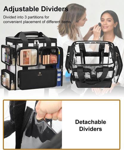 Large Clear Makeup Bags, Professional Makeup Artist Kit Set Bag with Removable Dividers, Travel Cosmetic Organizer Hairstylist Traveling Bag Transparent PVC Work Tote Bag Duffle Bag for Women
