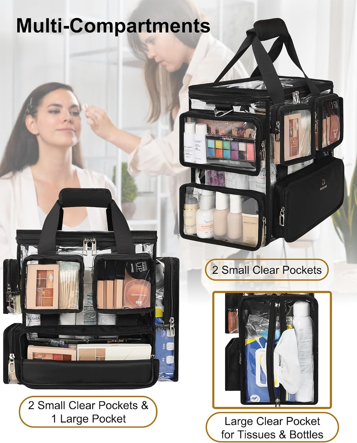 Large Clear Makeup Bags, Professional Makeup Artist Kit Set Bag with Removable Dividers, Travel Cosmetic Organizer Hairstylist Traveling Bag Transparent PVC Work Tote Bag Duffle Bag for Women