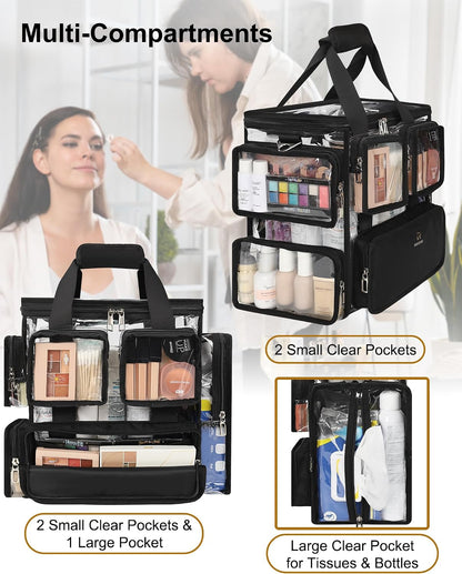 Large Clear Makeup Bags, Professional Makeup Artist Kit Set Bag with Removable Dividers, Travel Cosmetic Organizer Hairstylist Traveling Bag Transparent PVC Work Tote Bag Duffle Bag for Women