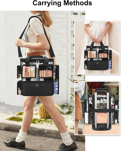 Large Clear Makeup Bags, Professional Makeup Artist Kit Set Bag with Removable Dividers, Travel Cosmetic Organizer Hairstylist Traveling Bag Transparent PVC Work Tote Bag Duffle Bag for Women