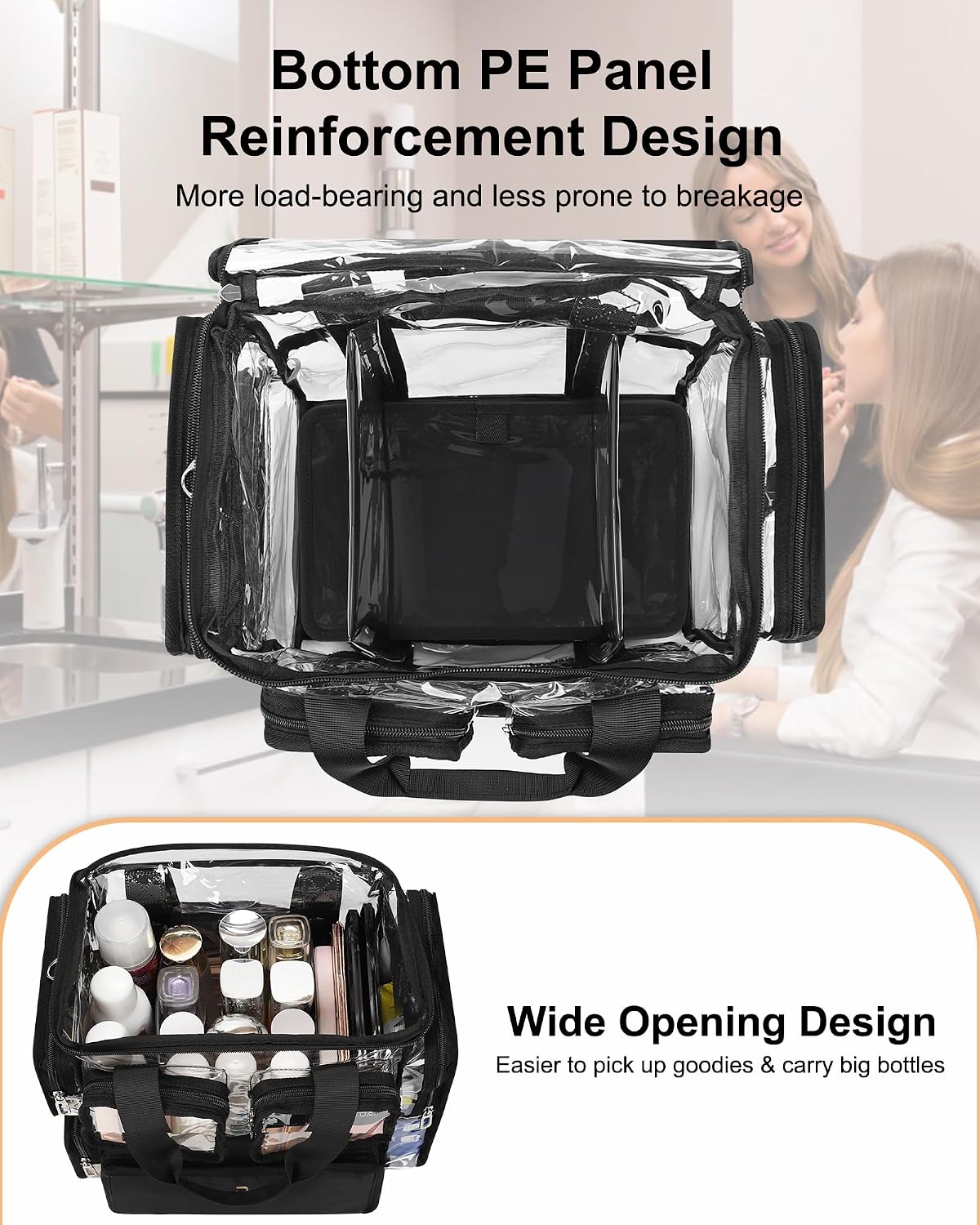 Large Clear Makeup Bags, Professional Makeup Artist Kit Set Bag with Removable Dividers, Travel Cosmetic Organizer Hairstylist Traveling Bag Transparent PVC Work Tote Bag Duffle Bag for Women