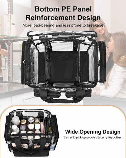 Large Clear Makeup Bags, Professional Makeup Artist Kit Set Bag with Removable Dividers, Travel Cosmetic Organizer Hairstylist Traveling Bag Transparent PVC Work Tote Bag Duffle Bag for Women