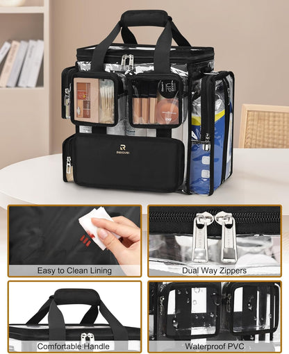 Large Clear Makeup Bags, Professional Makeup Artist Kit Set Bag with Removable Dividers, Travel Cosmetic Organizer Hairstylist Traveling Bag Transparent PVC Work Tote Bag Duffle Bag for Women