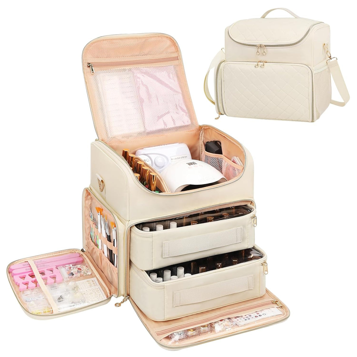 Extra Large Nail Polish Organizer Backpack, Nail Storage Bag | Holds 86 to 100+ Bottles, Full Size Lamp Compatible, 2 Removable Pouches, Portable Travel Case, For Nail Tech Kit