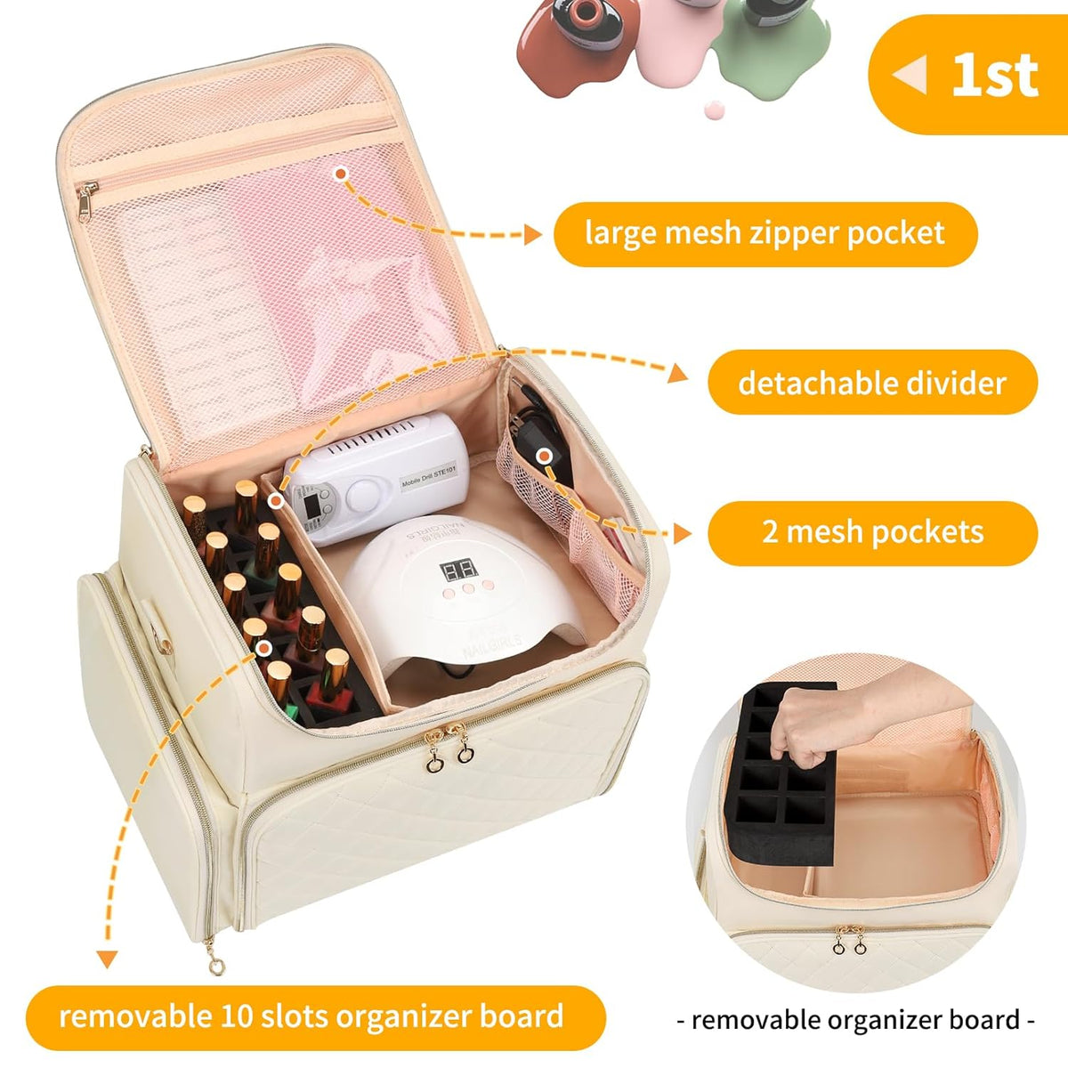 Extra Large Nail Polish Organizer Backpack, Nail Storage Bag | Holds 86 to 100+ Bottles, Full Size Lamp Compatible, 2 Removable Pouches, Portable Travel Case, For Nail Tech Kit