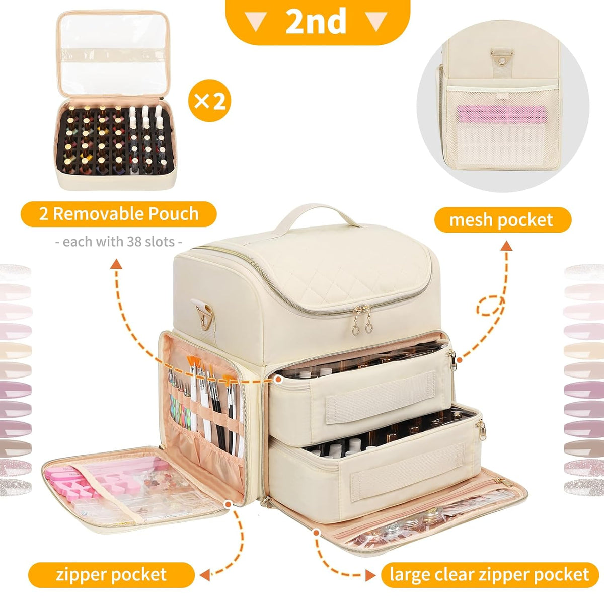 Extra Large Nail Polish Organizer Backpack, Nail Storage Bag | Holds 86 to 100+ Bottles, Full Size Lamp Compatible, 2 Removable Pouches, Portable Travel Case, For Nail Tech Kit